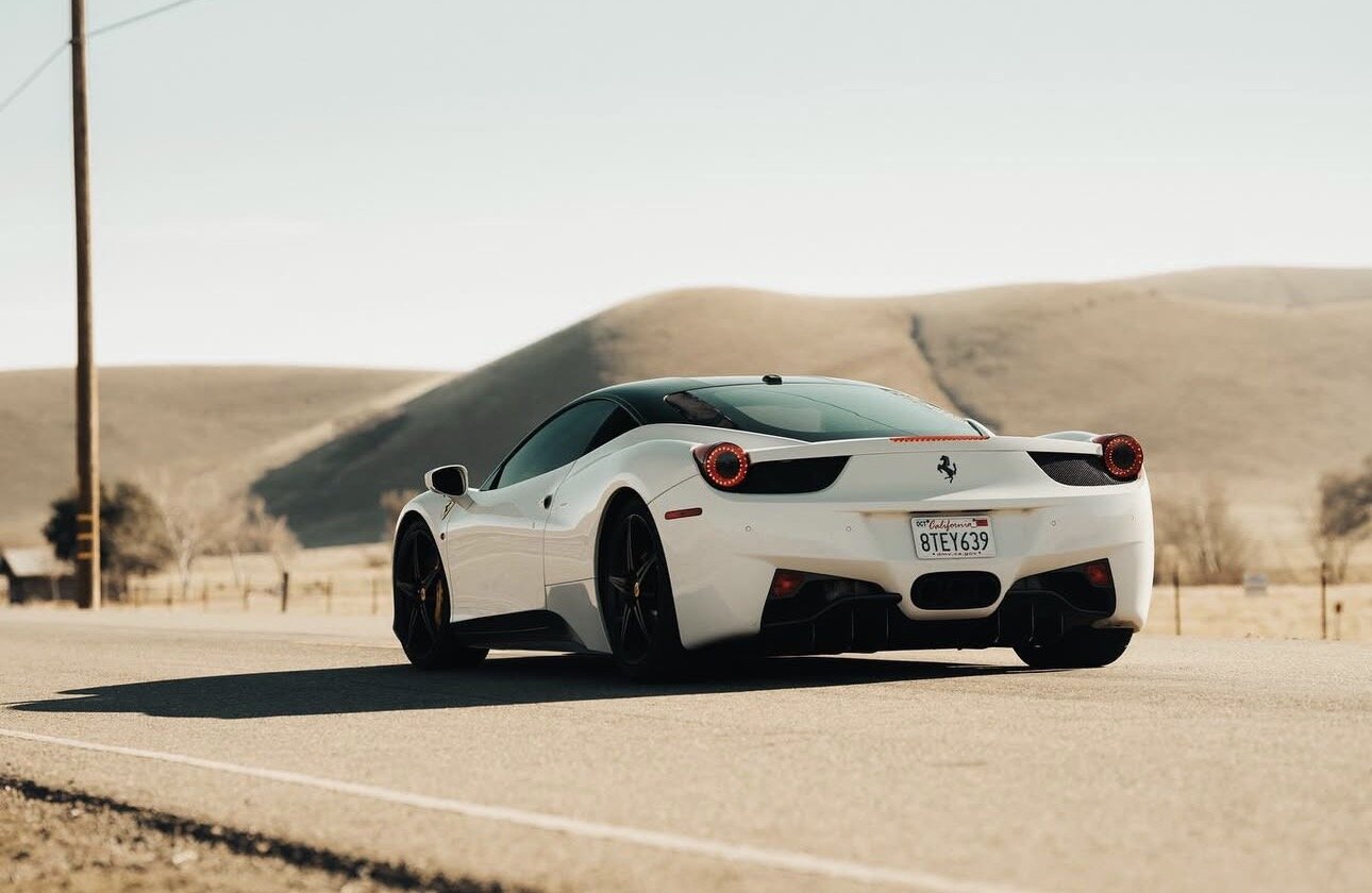 Ferrari 458 rear profile at dusk